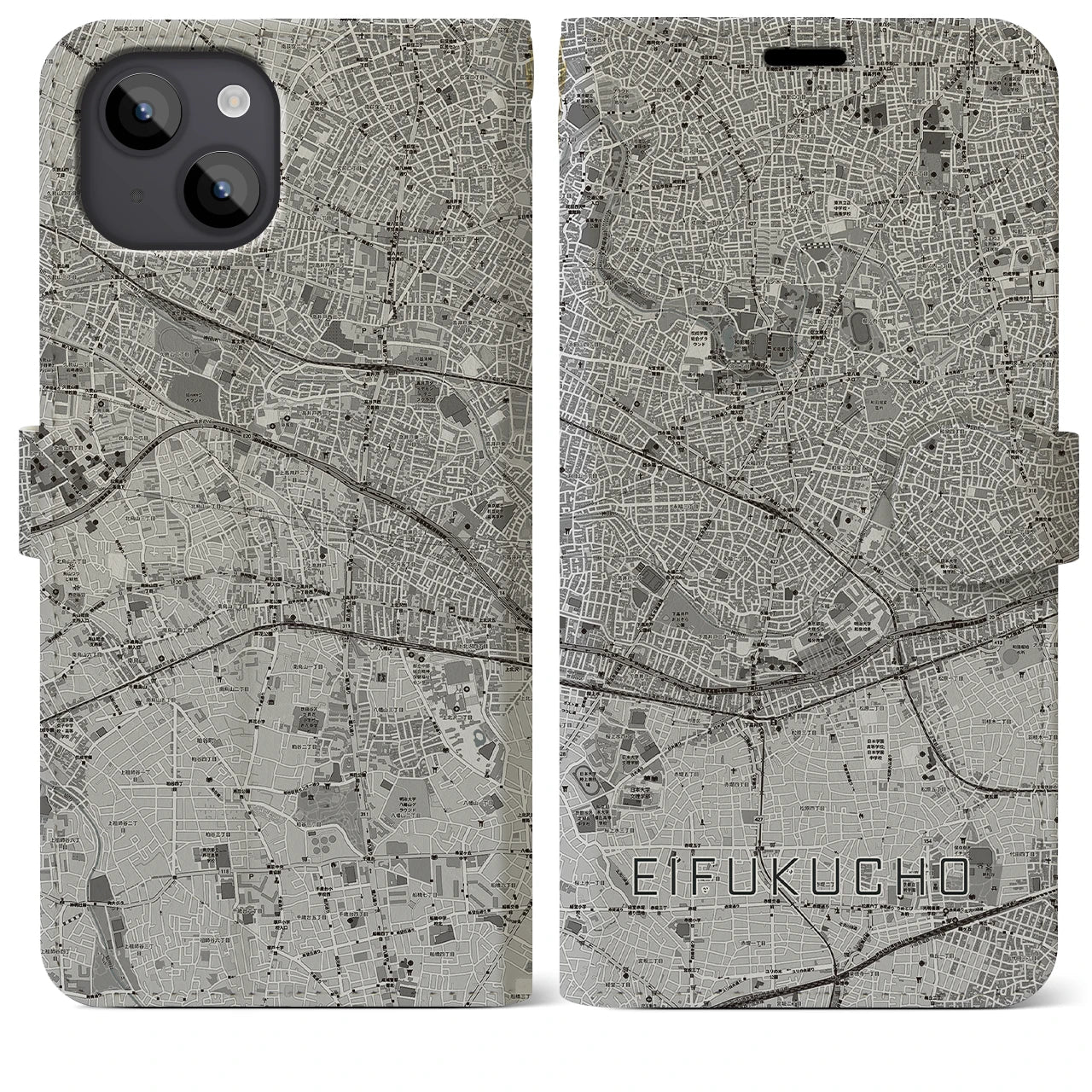 【永福町(東京都)】地図柄iPhoneケース(手帳タイプ)モノトーン・iPhone 14 Plus 用