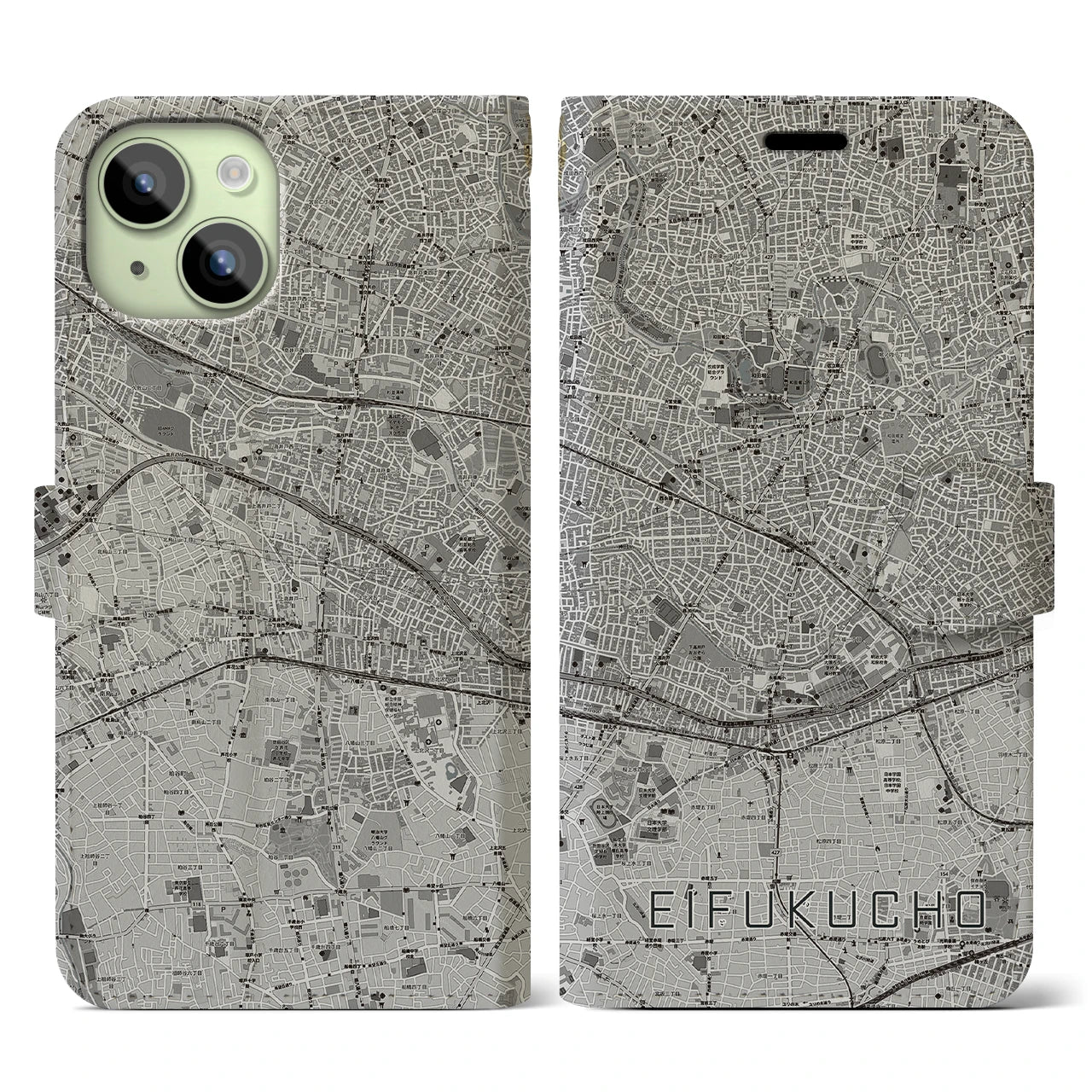 【永福町(東京都)】地図柄iPhoneケース(手帳タイプ)モノトーン・iPhone 15 用