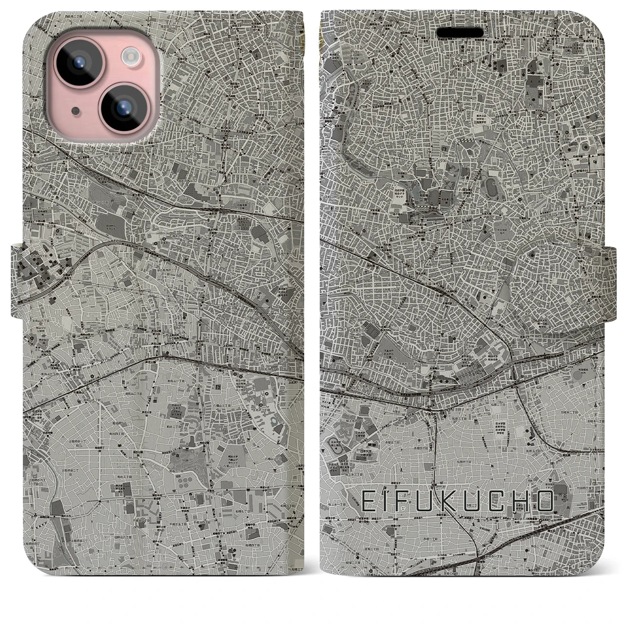 【永福町(東京都)】地図柄iPhoneケース(手帳タイプ)モノトーン・iPhone 15 Plus 用