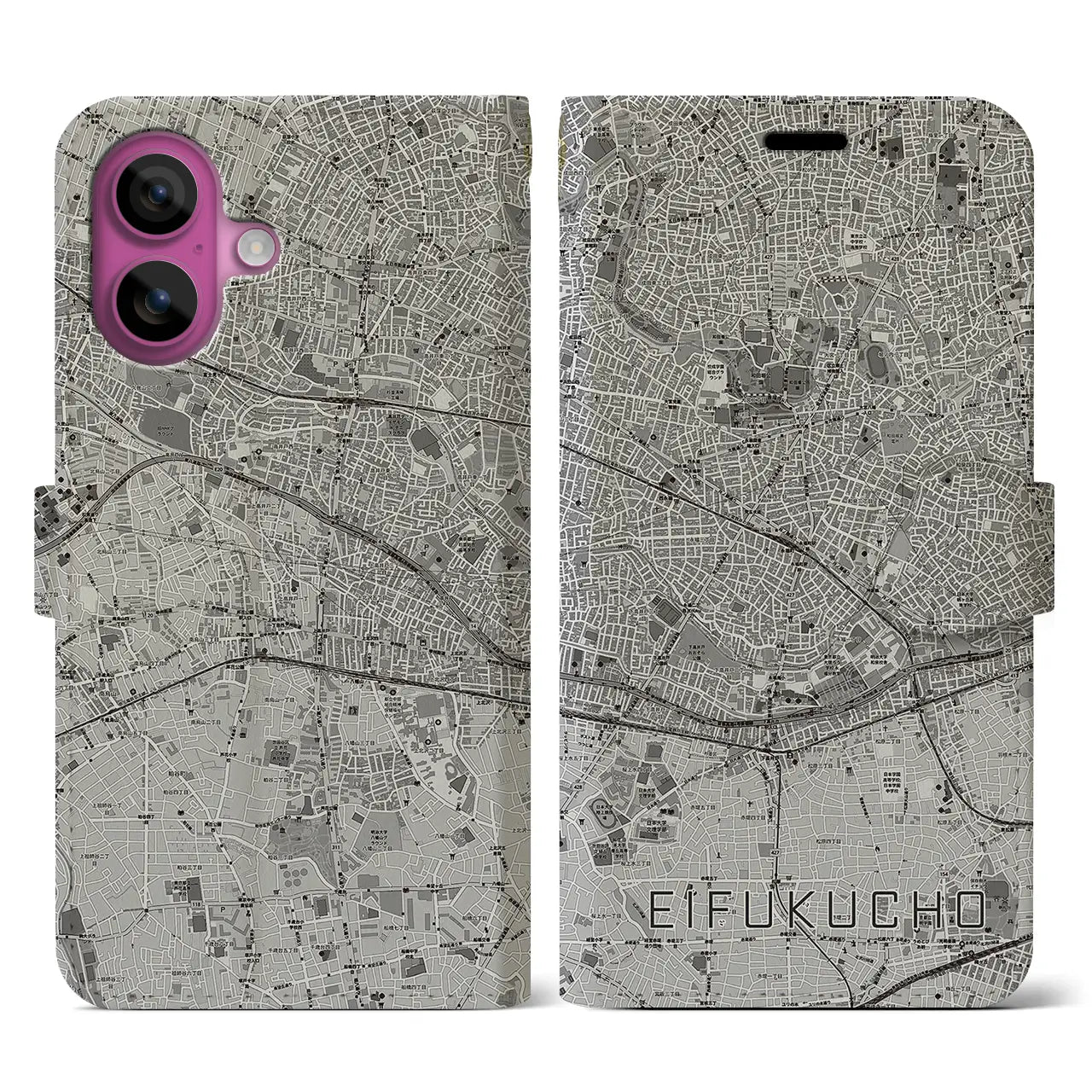 【永福町(東京都)】地図柄iPhoneケース(手帳タイプ)モノトーン・iPhone 16 Pro 用