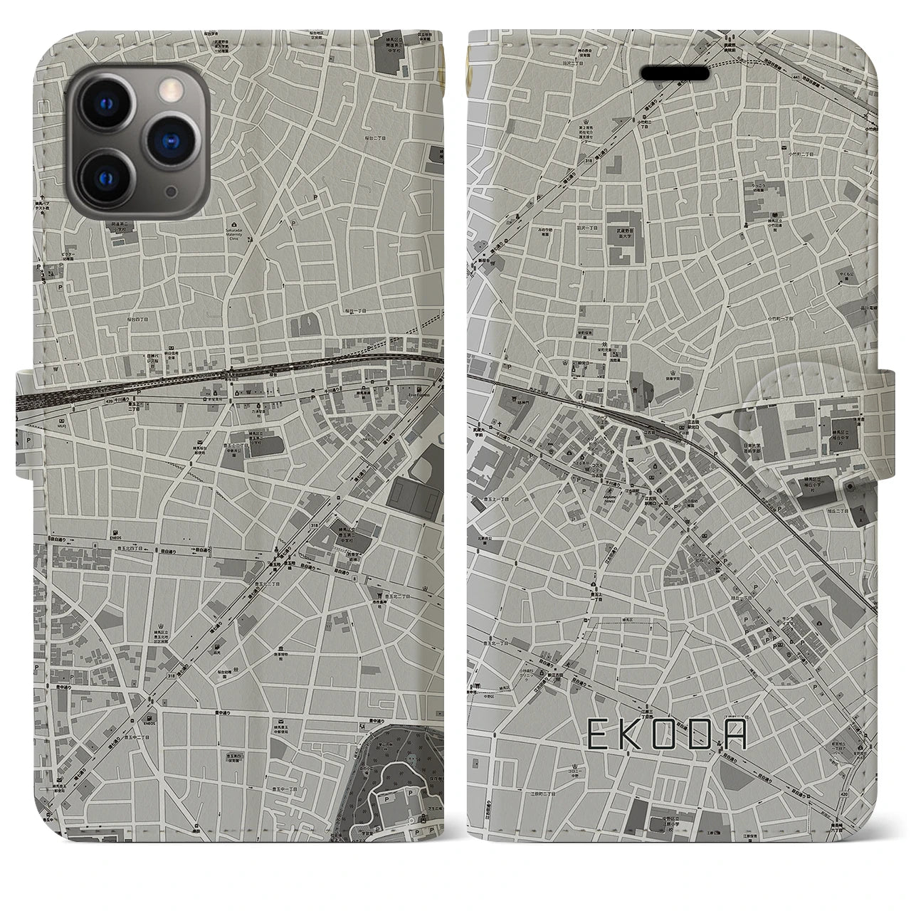 【江古田(東京都)】地図柄iPhoneケース(手帳タイプ)モノトーン・iPhone 11 Pro Max 用