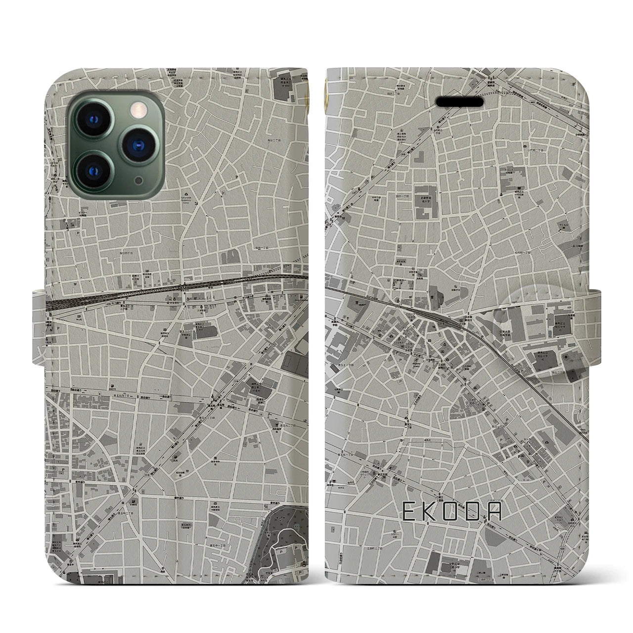 【江古田(東京都)】地図柄iPhoneケース(手帳タイプ)モノトーン・iPhone 11 Pro 用