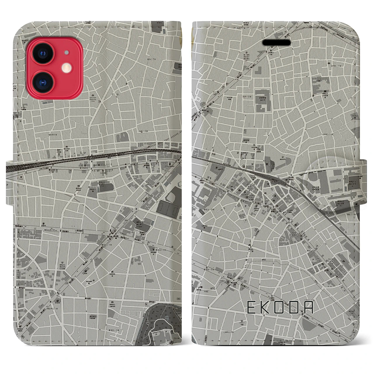 【江古田(東京都)】地図柄iPhoneケース(手帳タイプ)モノトーン・iPhone 11 用