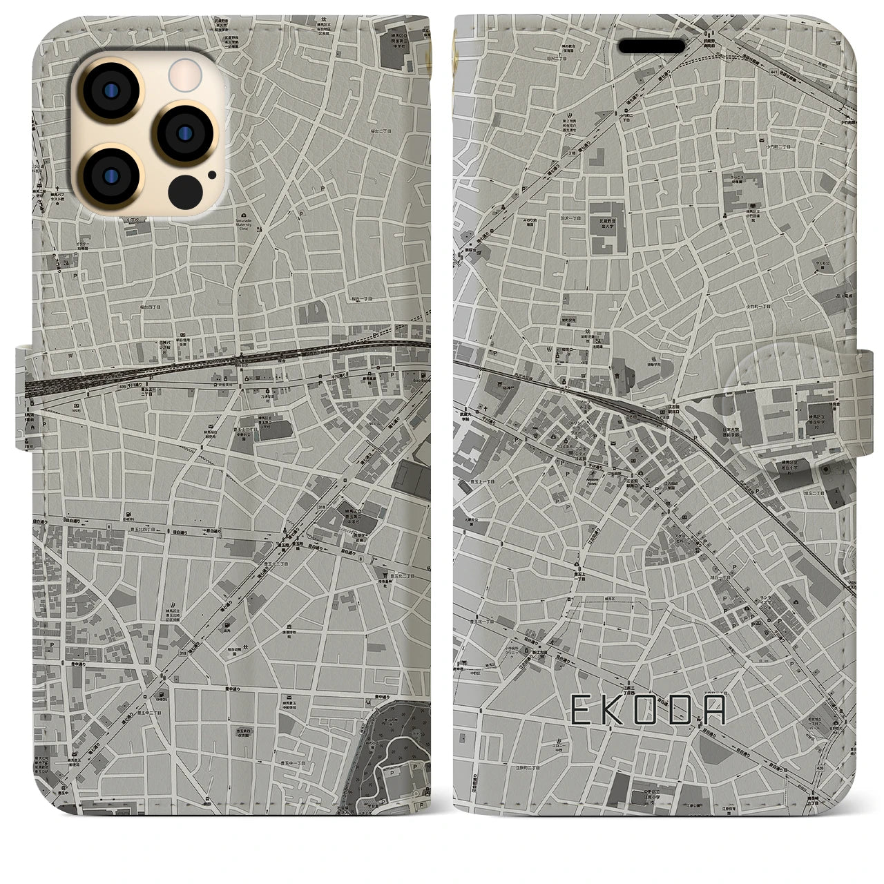 【江古田(東京都)】地図柄iPhoneケース(手帳タイプ)モノトーン・iPhone 12 Pro Max 用