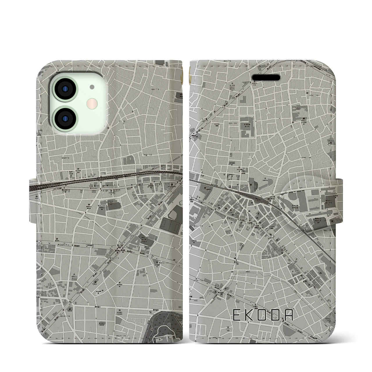 【江古田(東京都)】地図柄iPhoneケース(手帳タイプ)モノトーン・iPhone 12 mini 用