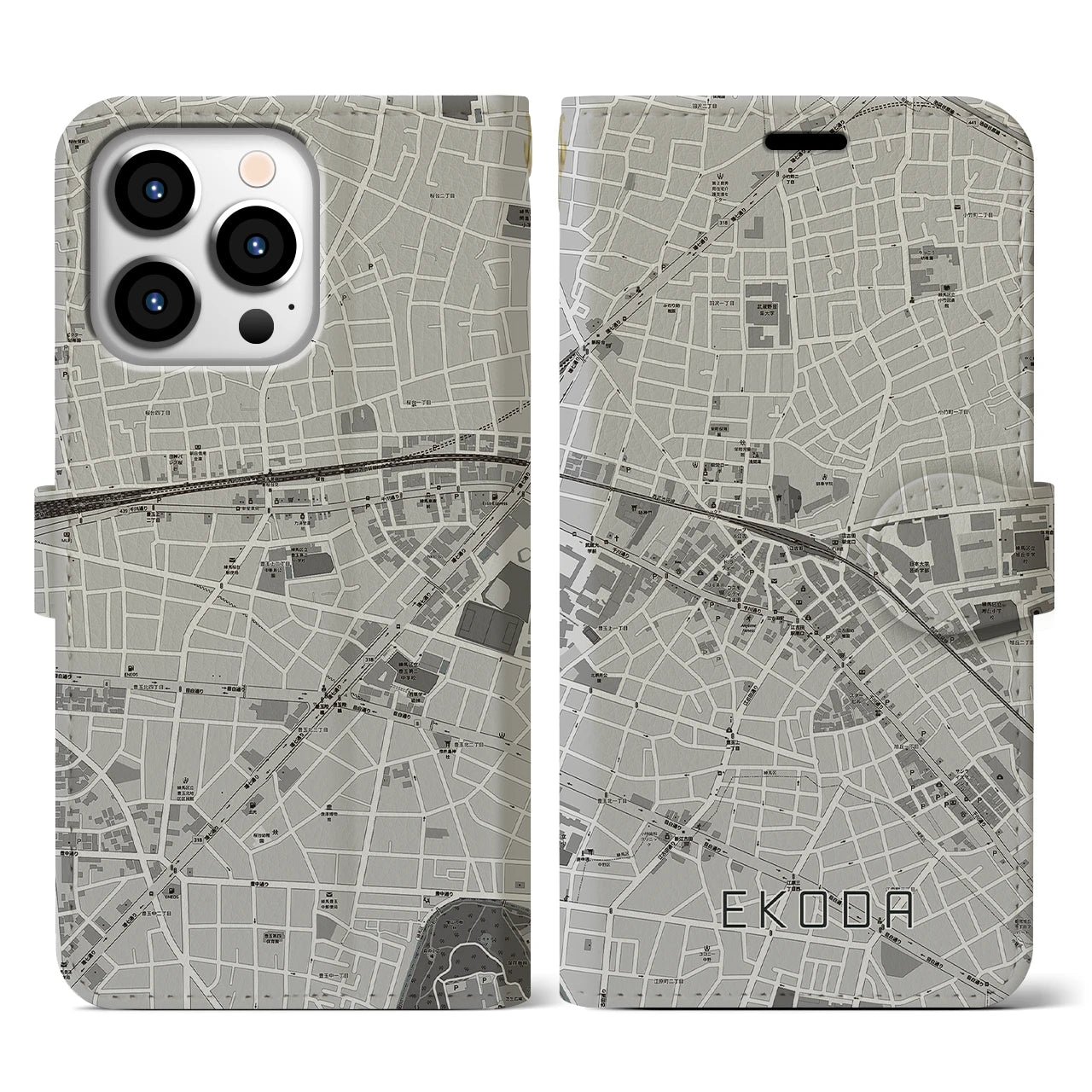 【江古田(東京都)】地図柄iPhoneケース(手帳タイプ)モノトーン・iPhone 13 Pro 用