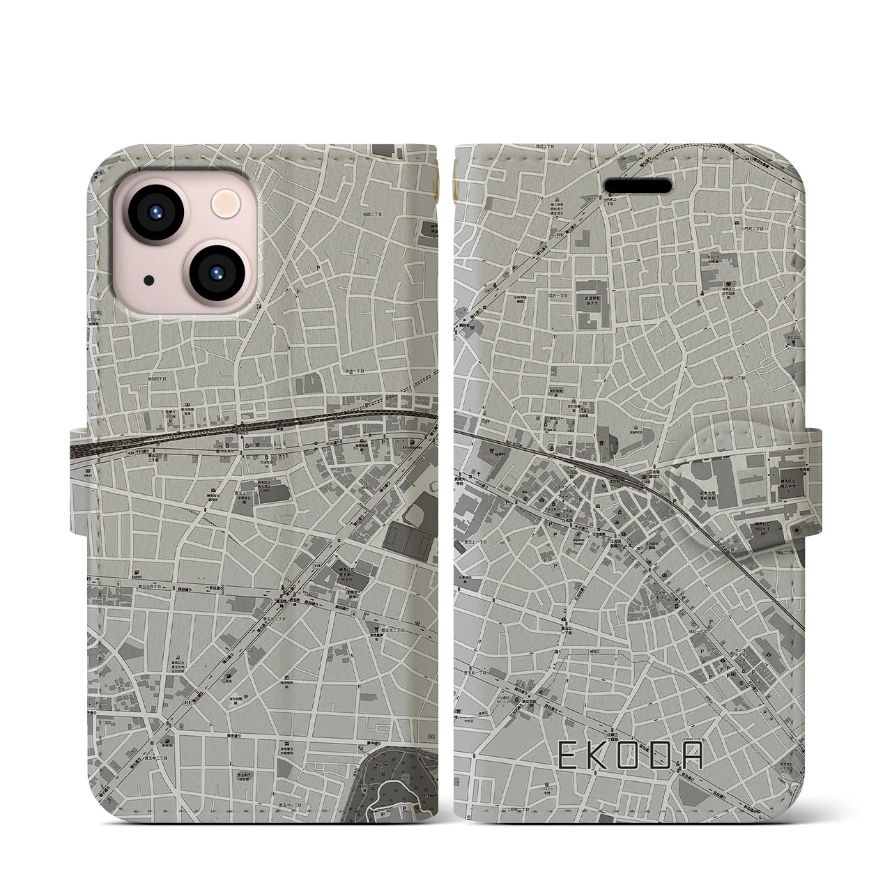 【江古田(東京都)】地図柄iPhoneケース(手帳タイプ)モノトーン・iPhone 13 mini 用