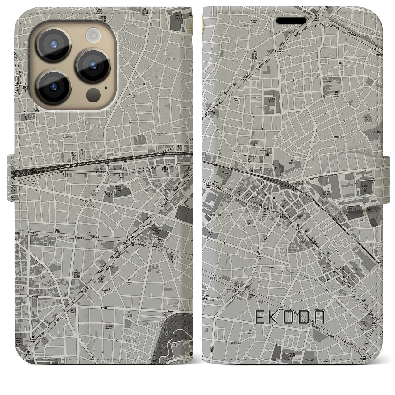 【江古田(東京都)】地図柄iPhoneケース(手帳タイプ)モノトーン・iPhone 14 Pro Max 用
