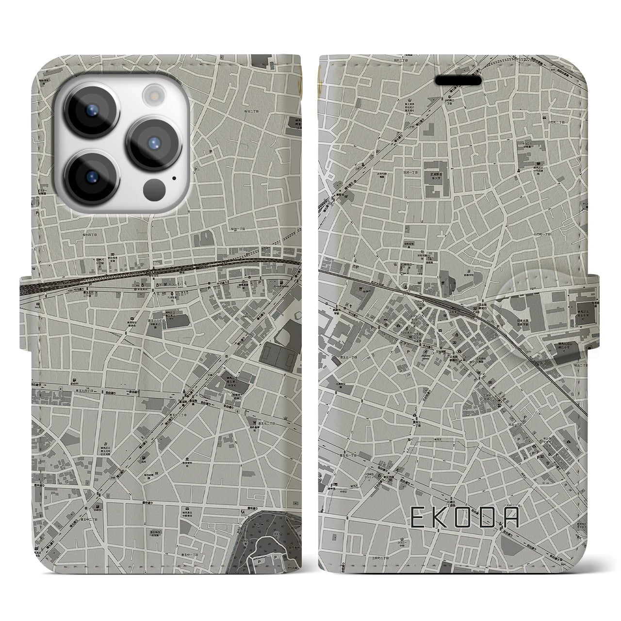 【江古田(東京都)】地図柄iPhoneケース(手帳タイプ)モノトーン・iPhone 14 Pro 用