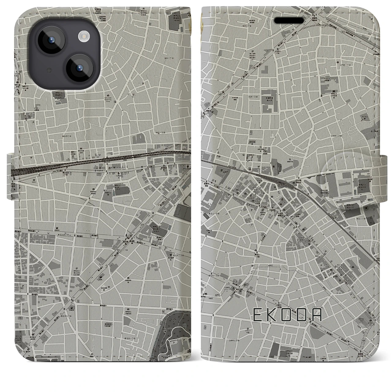 【江古田(東京都)】地図柄iPhoneケース(手帳タイプ)モノトーン・iPhone 14 Plus 用