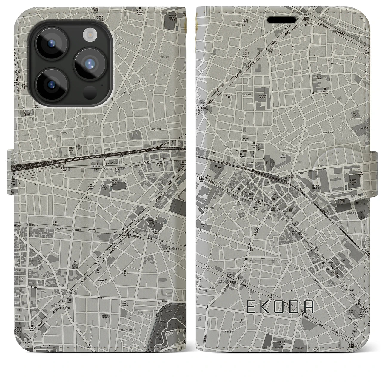 【江古田(東京都)】地図柄iPhoneケース(手帳タイプ)モノトーン・iPhone 15 Pro Max 用