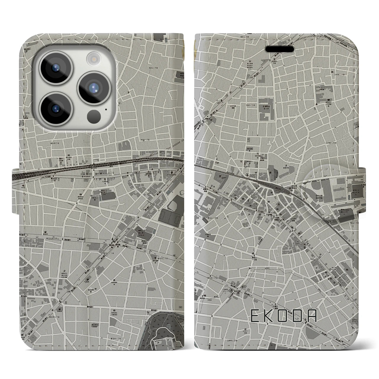 【江古田(東京都)】地図柄iPhoneケース(手帳タイプ)モノトーン・iPhone 15 Pro 用