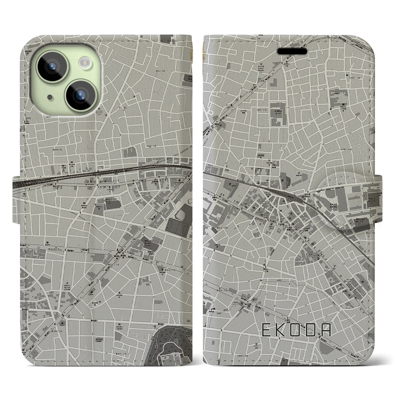 【江古田(東京都)】地図柄iPhoneケース(手帳タイプ)モノトーン・iPhone 15 用