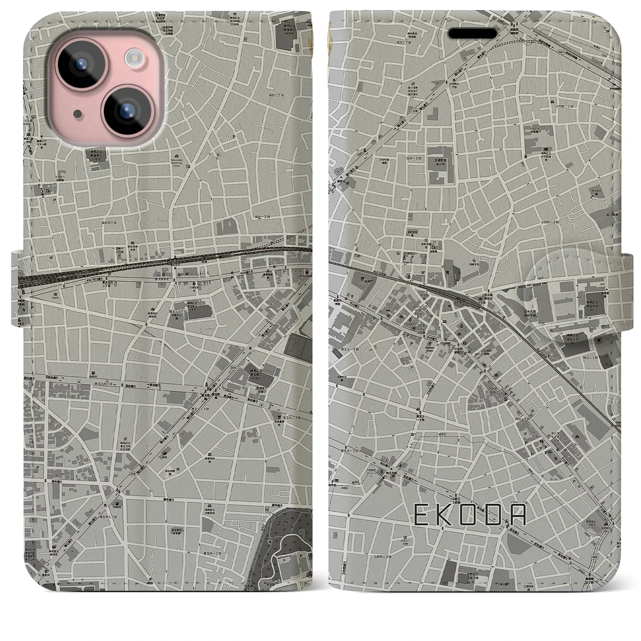 【江古田(東京都)】地図柄iPhoneケース(手帳タイプ)モノトーン・iPhone 15 Plus 用