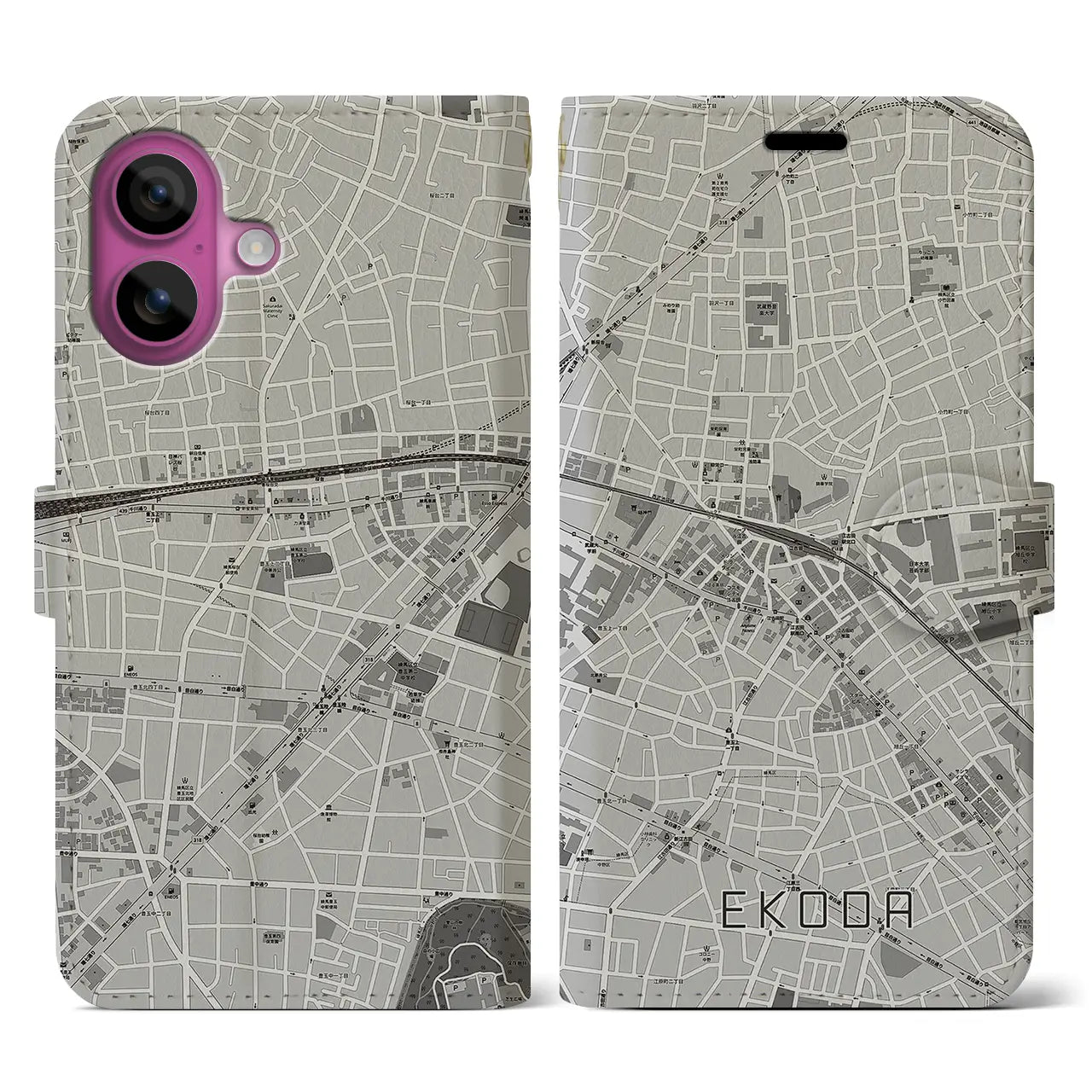 【江古田(東京都)】地図柄iPhoneケース(手帳タイプ)モノトーン・iPhone 16 Pro 用