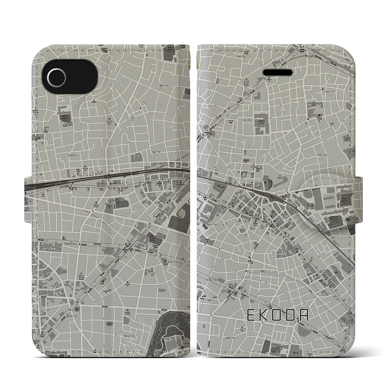 【江古田(東京都)】地図柄iPhoneケース(手帳タイプ)モノトーン・iPhone SE(第3 / 第2世代) / 8 / 7 / 6s / 6 用