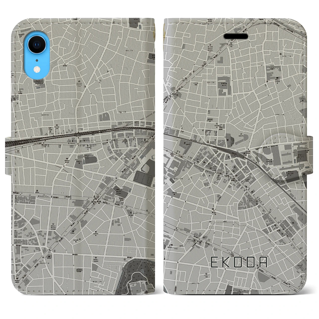 【江古田(東京都)】地図柄iPhoneケース(手帳タイプ)モノトーン・iPhone XR 用