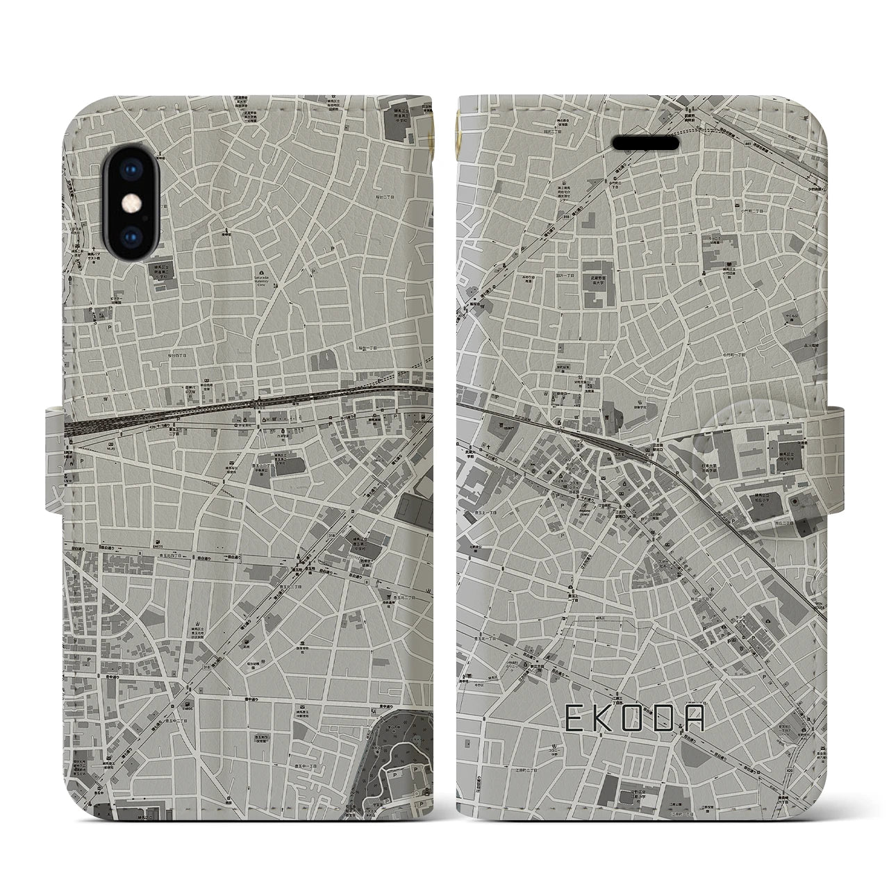 【江古田(東京都)】地図柄iPhoneケース(手帳タイプ)モノトーン・iPhone XS / X 用