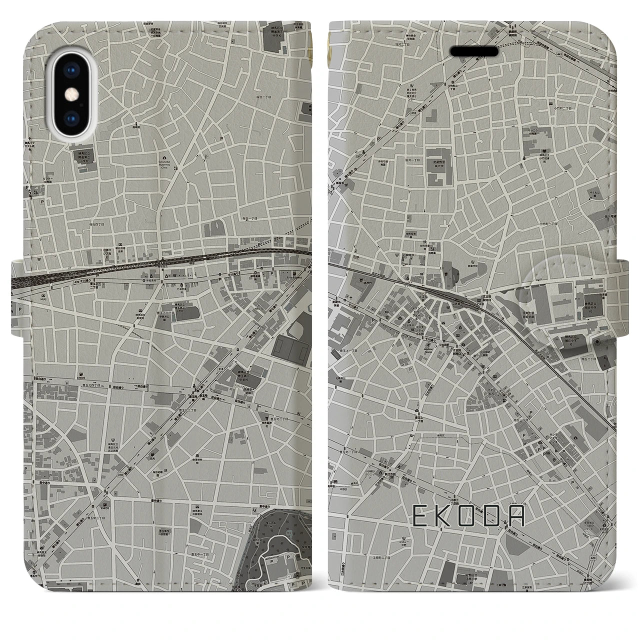 【江古田(東京都)】地図柄iPhoneケース(手帳タイプ)モノトーン・iPhone XS Max 用