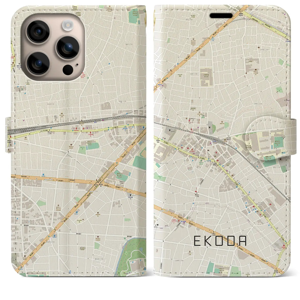 【江古田(東京都)】地図柄iPhoneケース(手帳タイプ)ナチュラル・iPhone 16 Plus 用