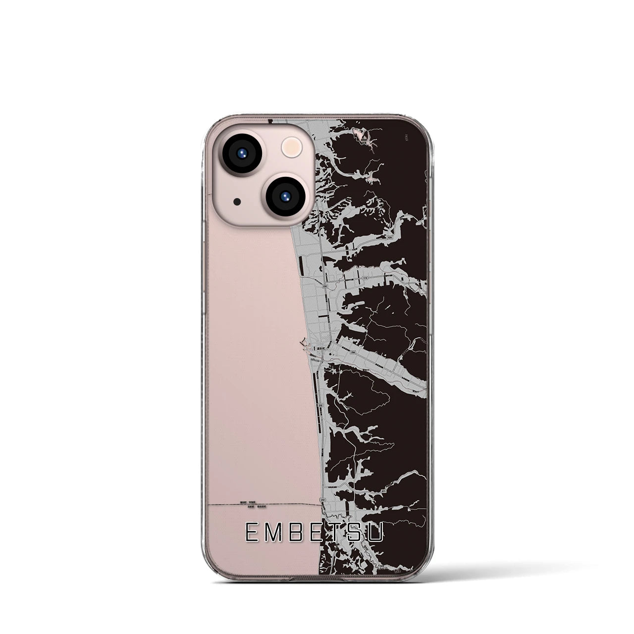 【遠別(北海道)】地図柄iPhoneケース(クリアタイプ)モノトーン・iPhone 13 mini 用