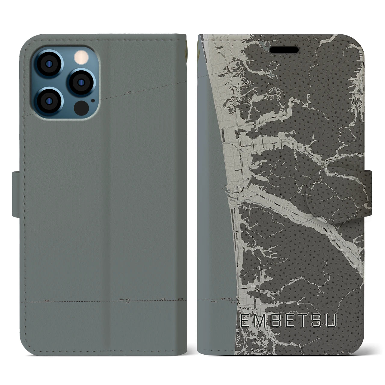 【遠別(北海道)】地図柄iPhoneケース(手帳タイプ)モノトーン・iPhone 12 / 12 Pro 用