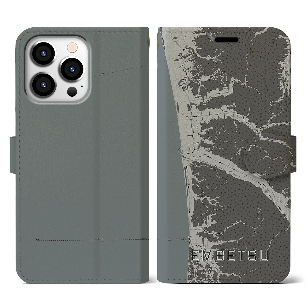 【遠別(北海道)】地図柄iPhoneケース(手帳タイプ)モノトーン・iPhone 13 Pro 用