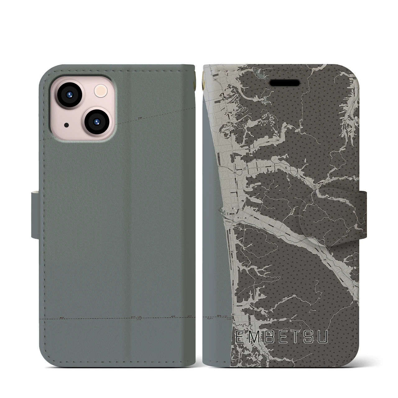 【遠別(北海道)】地図柄iPhoneケース(手帳タイプ)モノトーン・iPhone 13 mini 用