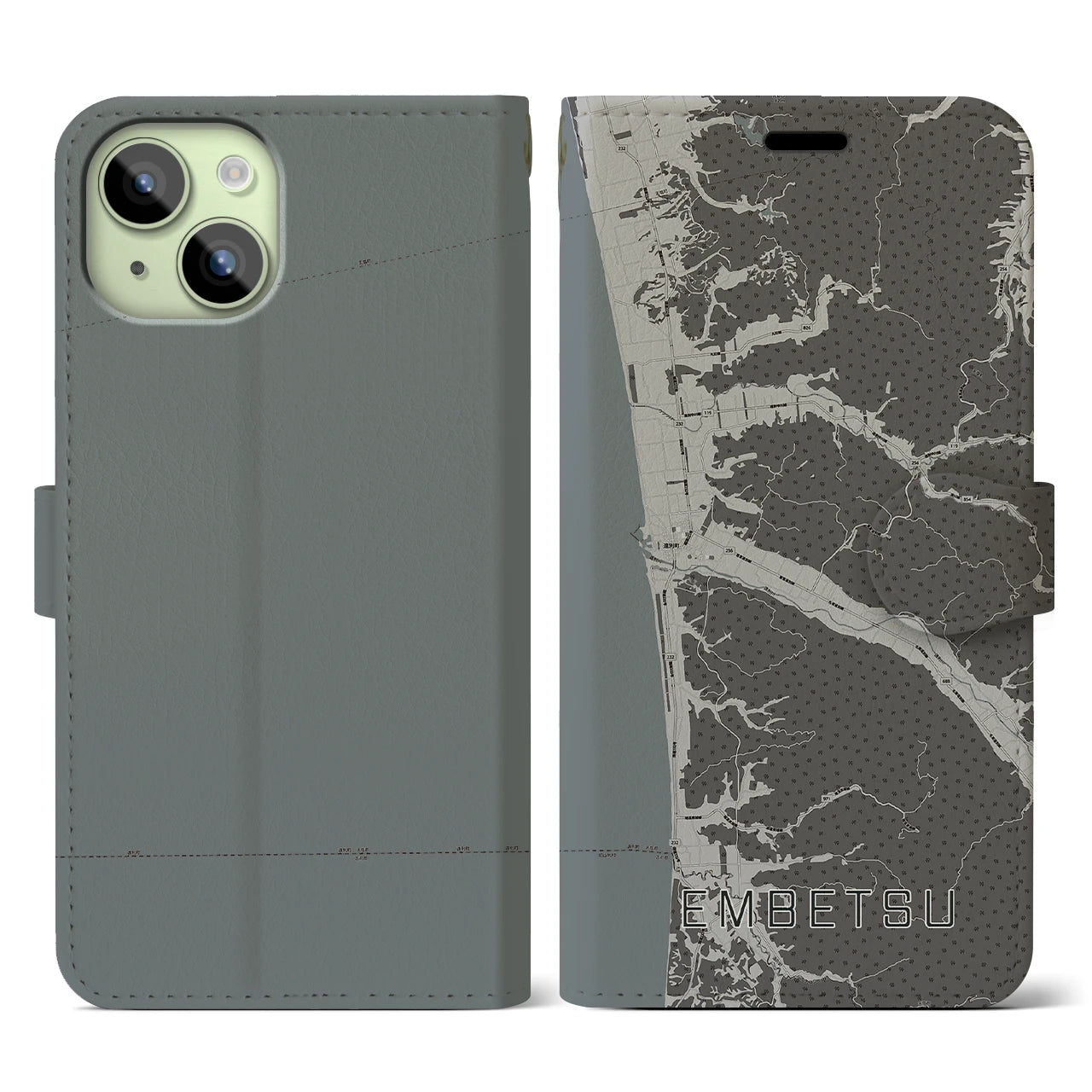 【遠別(北海道)】地図柄iPhoneケース(手帳タイプ)モノトーン・iPhone 15 用