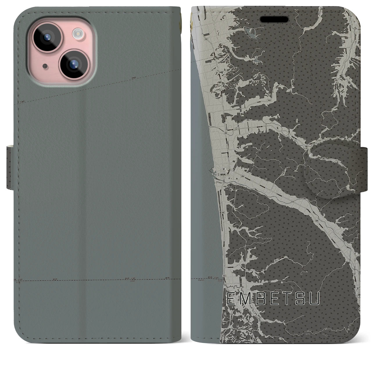 【遠別(北海道)】地図柄iPhoneケース(手帳タイプ)モノトーン・iPhone 15 Plus 用