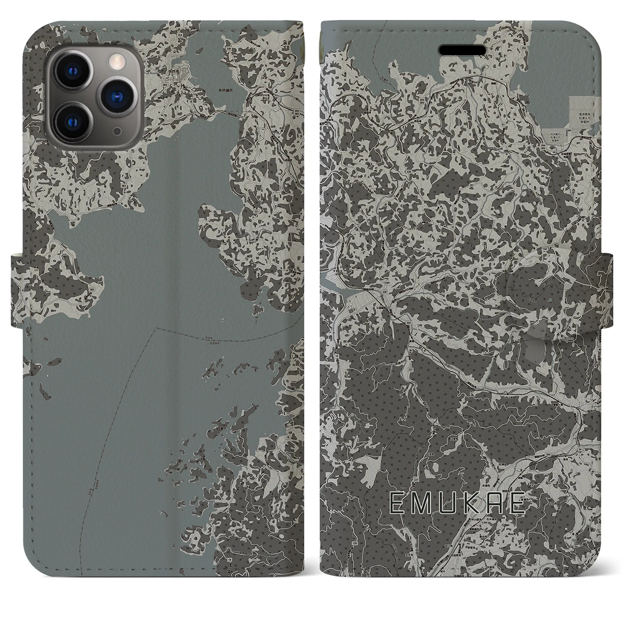 【江迎(長崎県)】地図柄iPhoneケース(手帳タイプ)モノトーン・iPhone 11 Pro Max 用