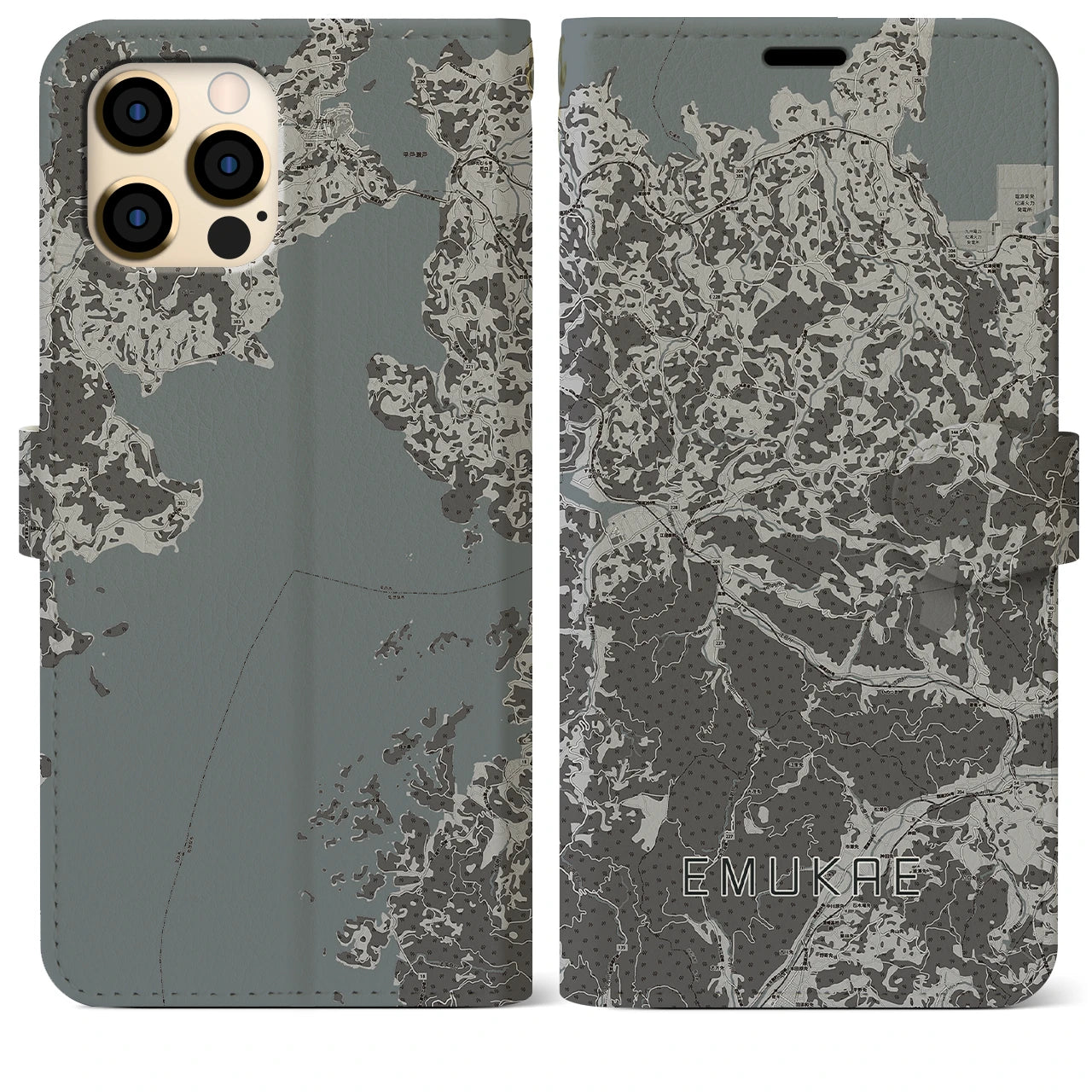 【江迎(長崎県)】地図柄iPhoneケース(手帳タイプ)モノトーン・iPhone 12 Pro Max 用