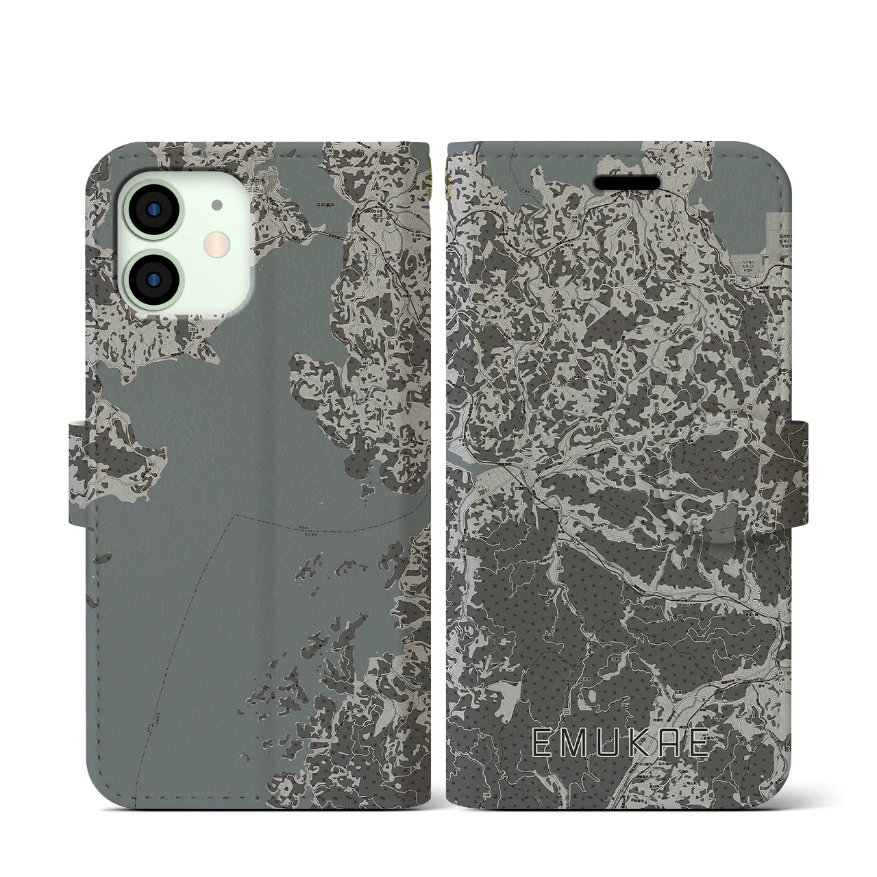 【江迎(長崎県)】地図柄iPhoneケース(手帳タイプ)モノトーン・iPhone 12 mini 用