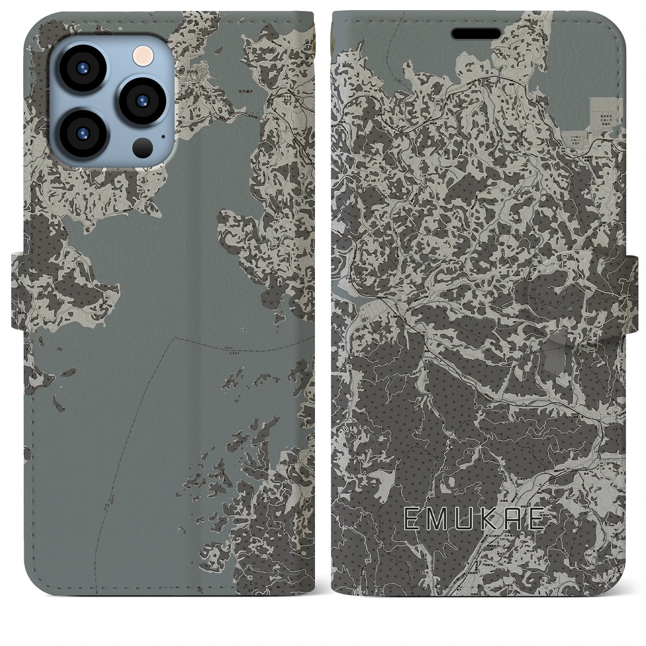 【江迎(長崎県)】地図柄iPhoneケース(手帳タイプ)モノトーン・iPhone 13 Pro Max 用