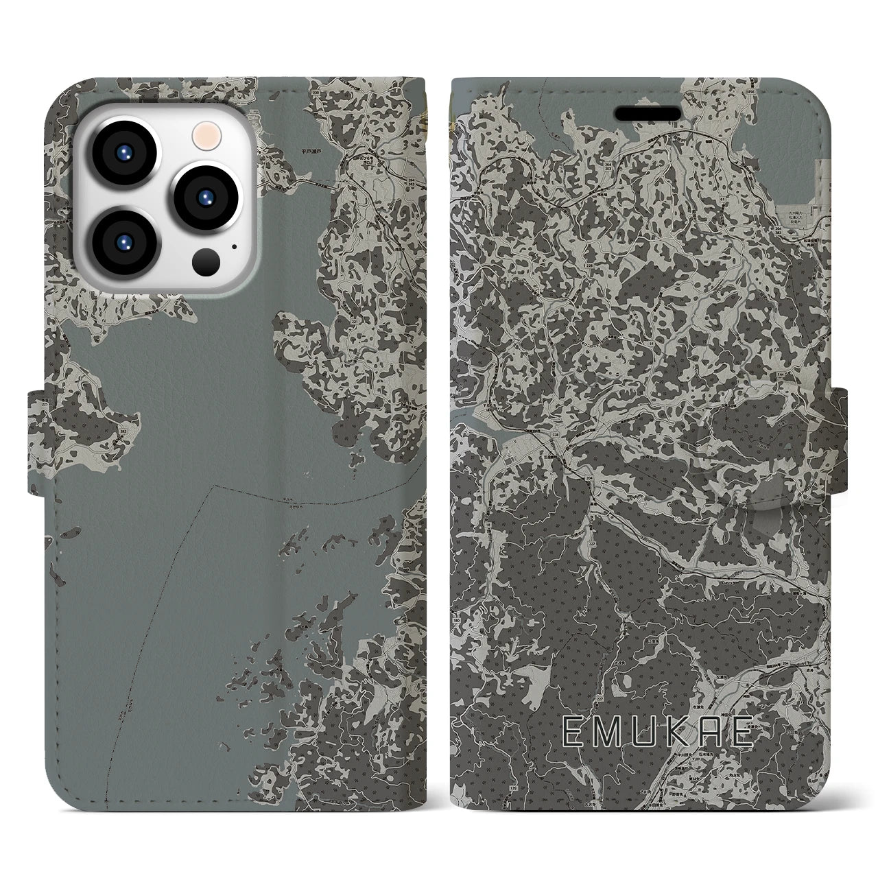 【江迎(長崎県)】地図柄iPhoneケース(手帳タイプ)モノトーン・iPhone 13 Pro 用