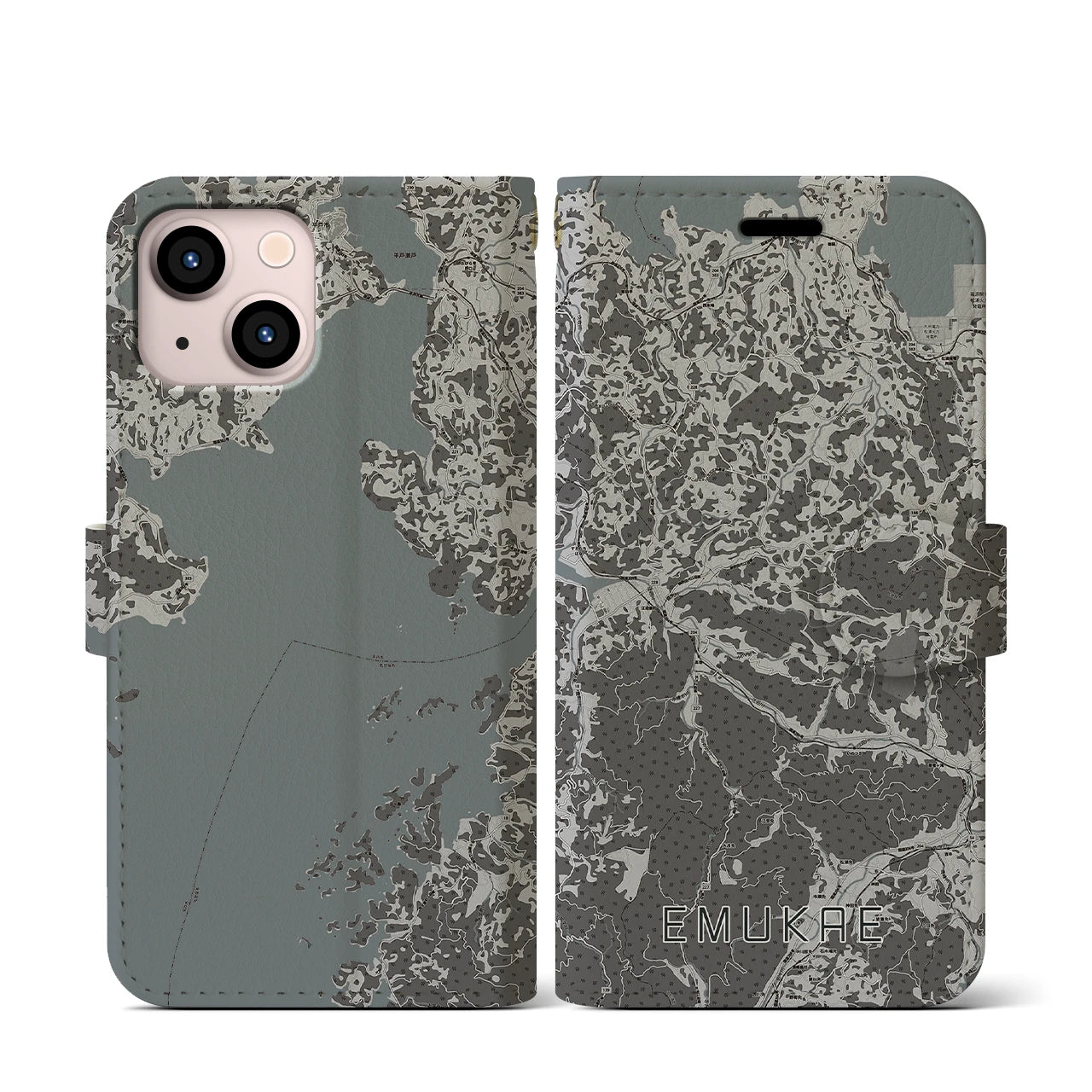 【江迎(長崎県)】地図柄iPhoneケース(手帳タイプ)モノトーン・iPhone 13 mini 用