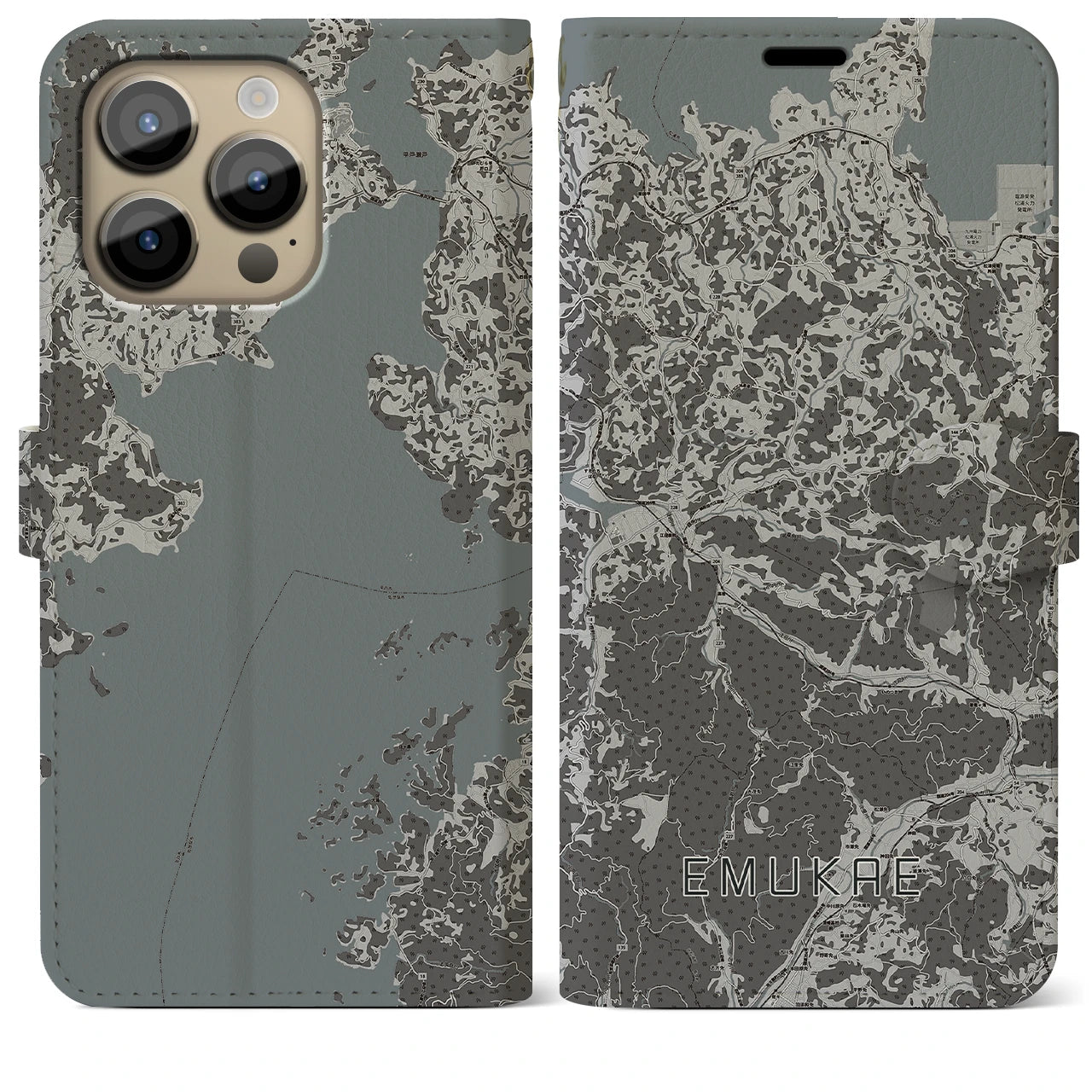 【江迎(長崎県)】地図柄iPhoneケース(手帳タイプ)モノトーン・iPhone 14 Pro Max 用