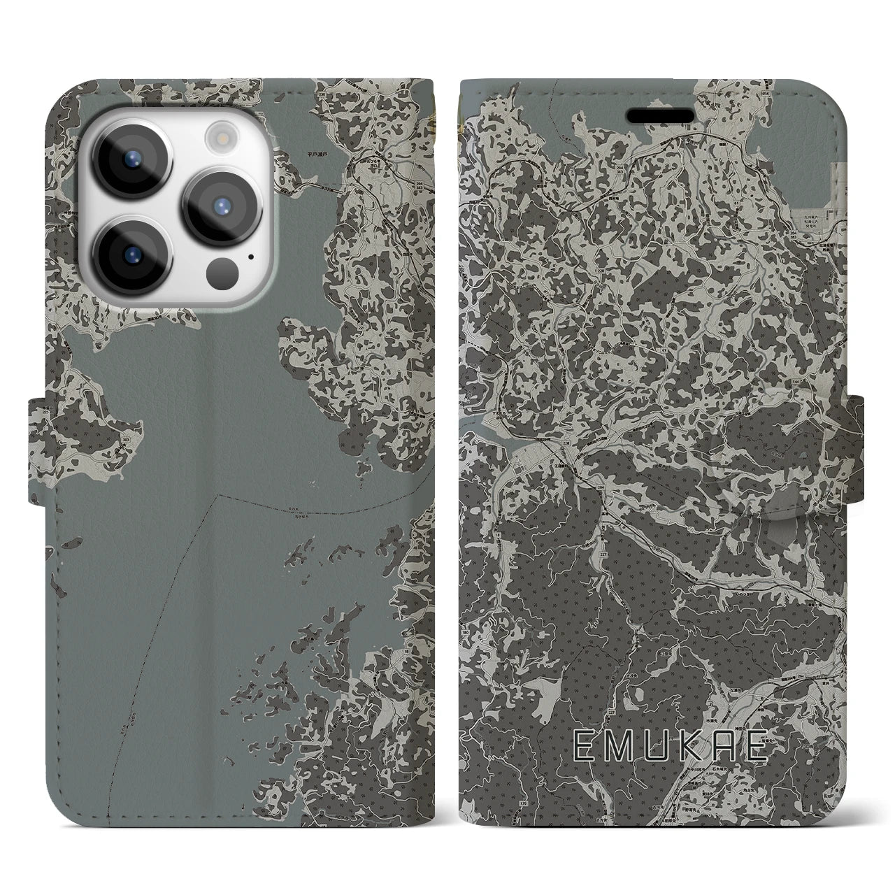 【江迎(長崎県)】地図柄iPhoneケース(手帳タイプ)モノトーン・iPhone 14 Pro 用