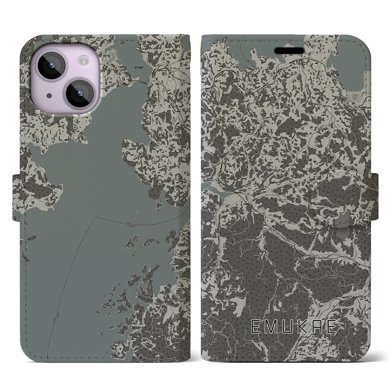 【江迎(長崎県)】地図柄iPhoneケース(手帳タイプ)モノトーン・iPhone 14 用