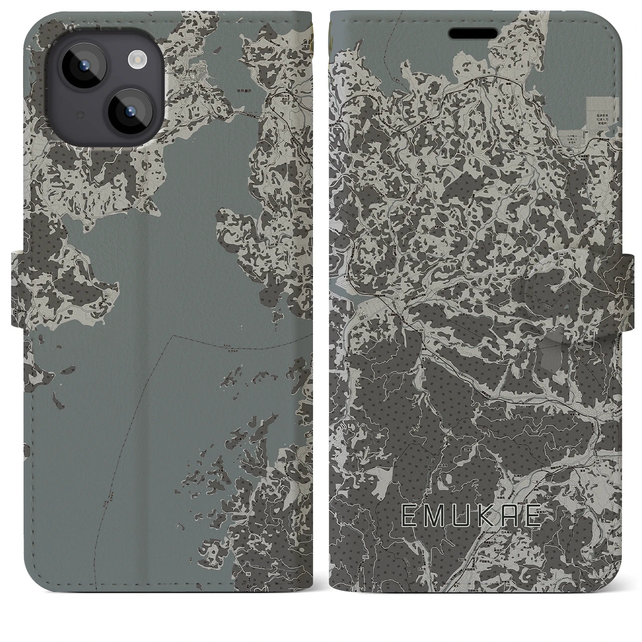 【江迎(長崎県)】地図柄iPhoneケース(手帳タイプ)モノトーン・iPhone 14 Plus 用