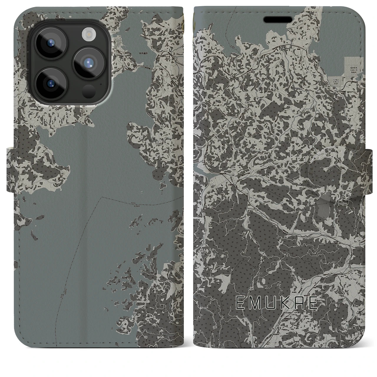 【江迎(長崎県)】地図柄iPhoneケース(手帳タイプ)モノトーン・iPhone 15 Pro Max 用