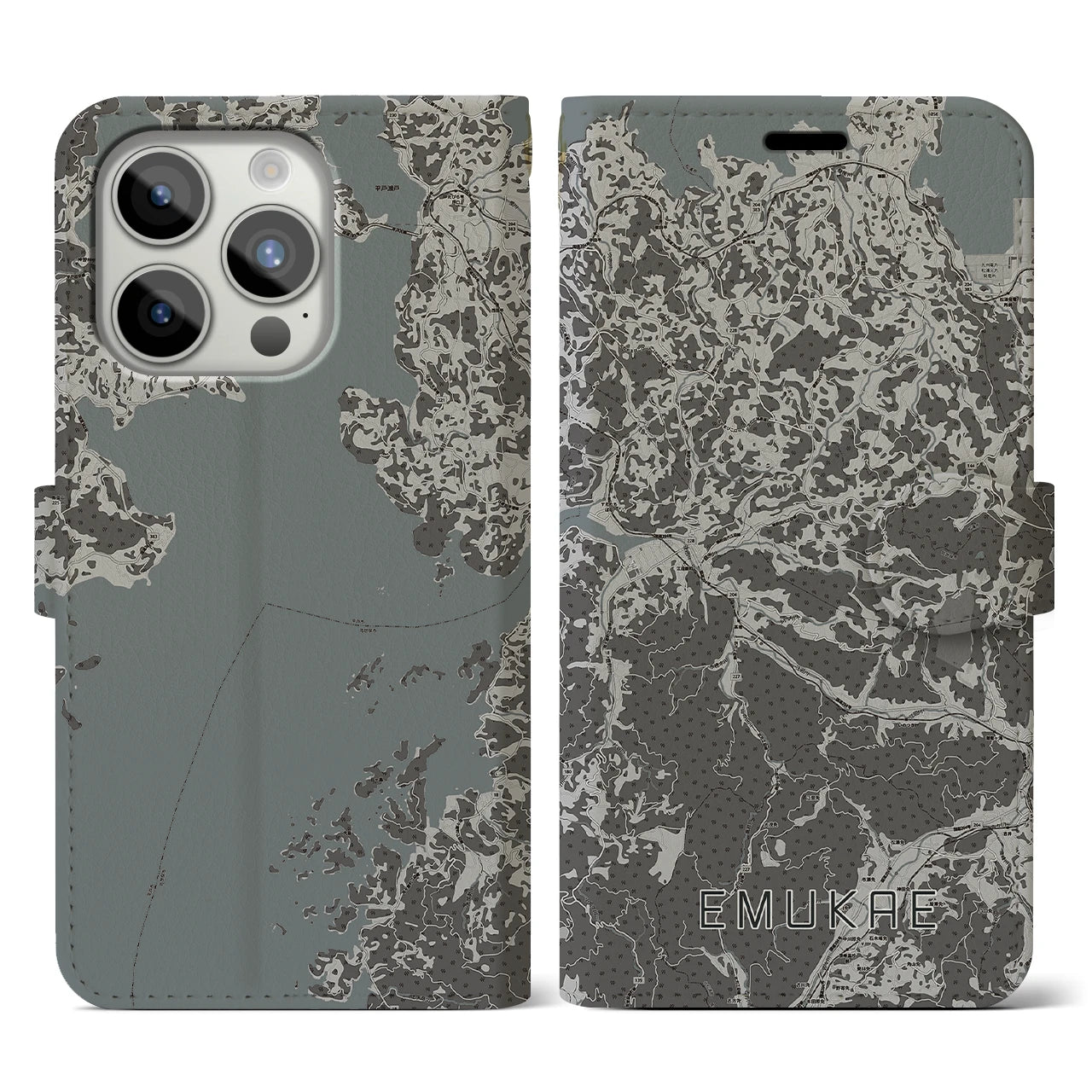 【江迎(長崎県)】地図柄iPhoneケース(手帳タイプ)モノトーン・iPhone 15 Pro 用