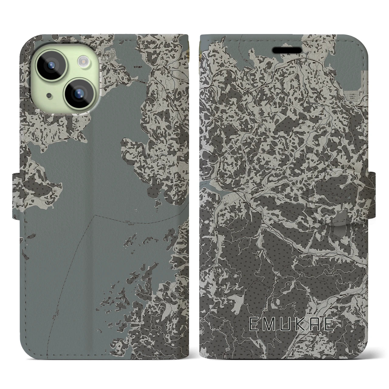 【江迎(長崎県)】地図柄iPhoneケース(手帳タイプ)モノトーン・iPhone 15 用