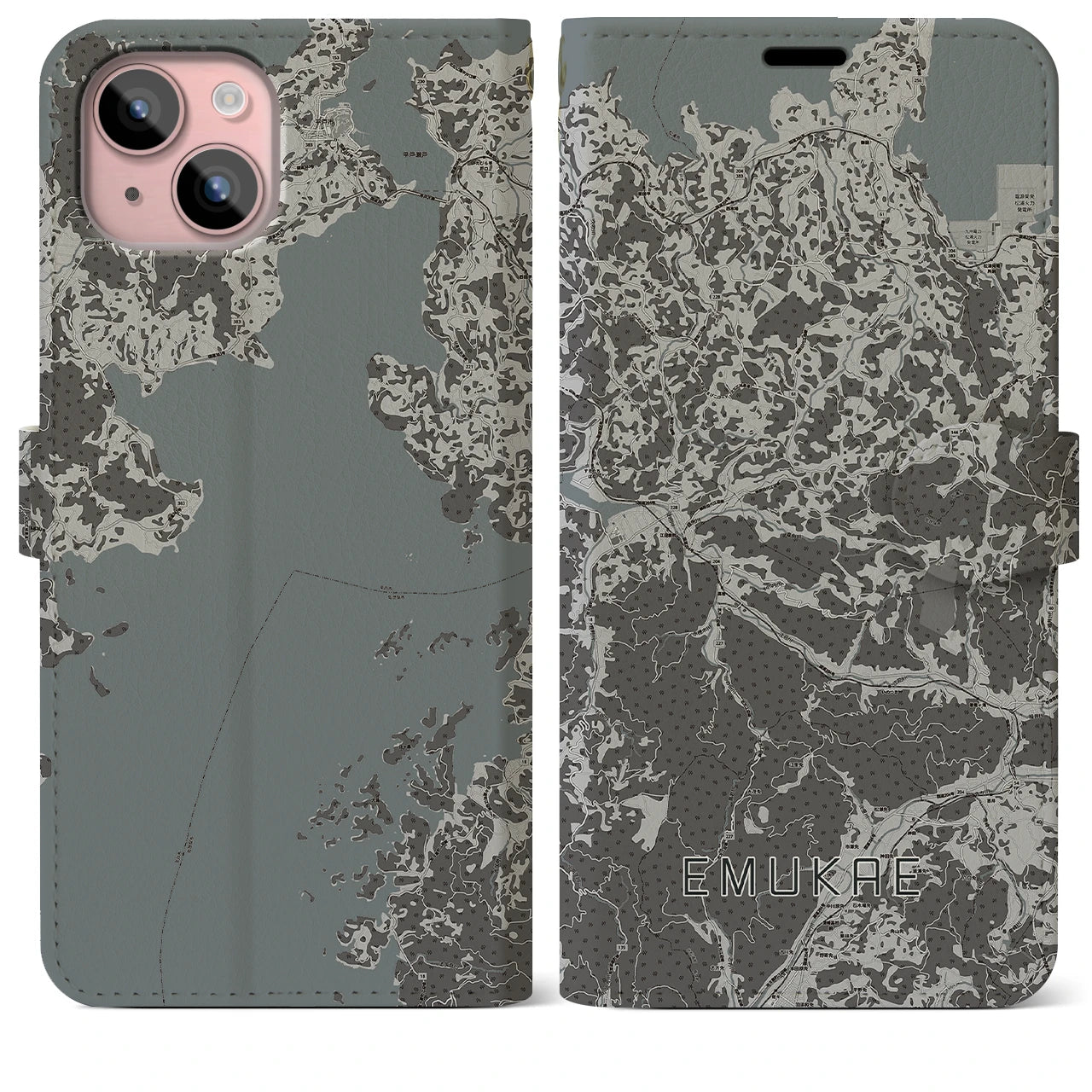 【江迎(長崎県)】地図柄iPhoneケース(手帳タイプ)モノトーン・iPhone 15 Plus 用