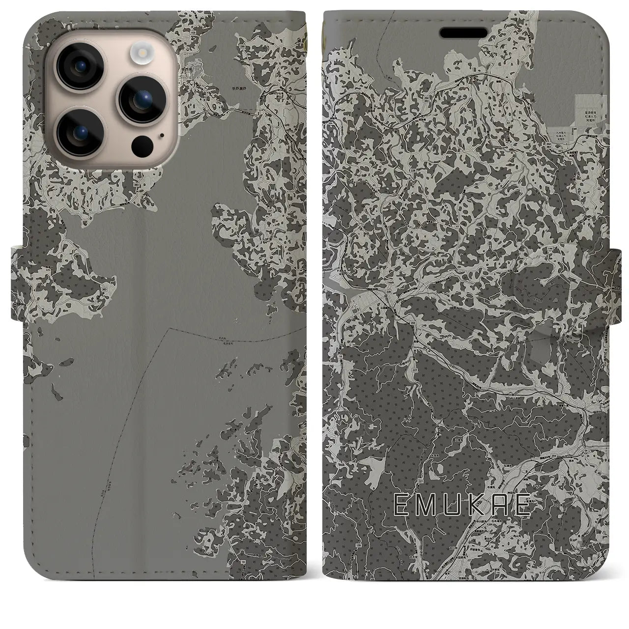 【江迎(長崎県)】地図柄iPhoneケース(手帳タイプ)モノトーン・iPhone 16 Plus 用