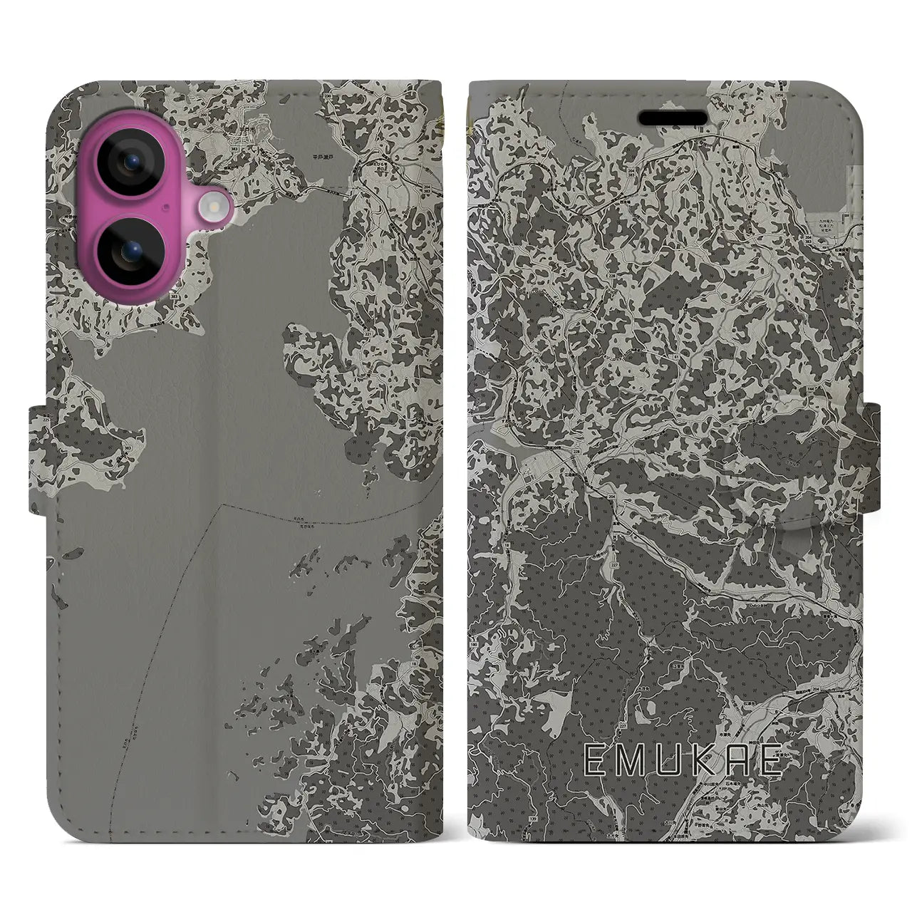 【江迎(長崎県)】地図柄iPhoneケース(手帳タイプ)モノトーン・iPhone 16 Pro 用