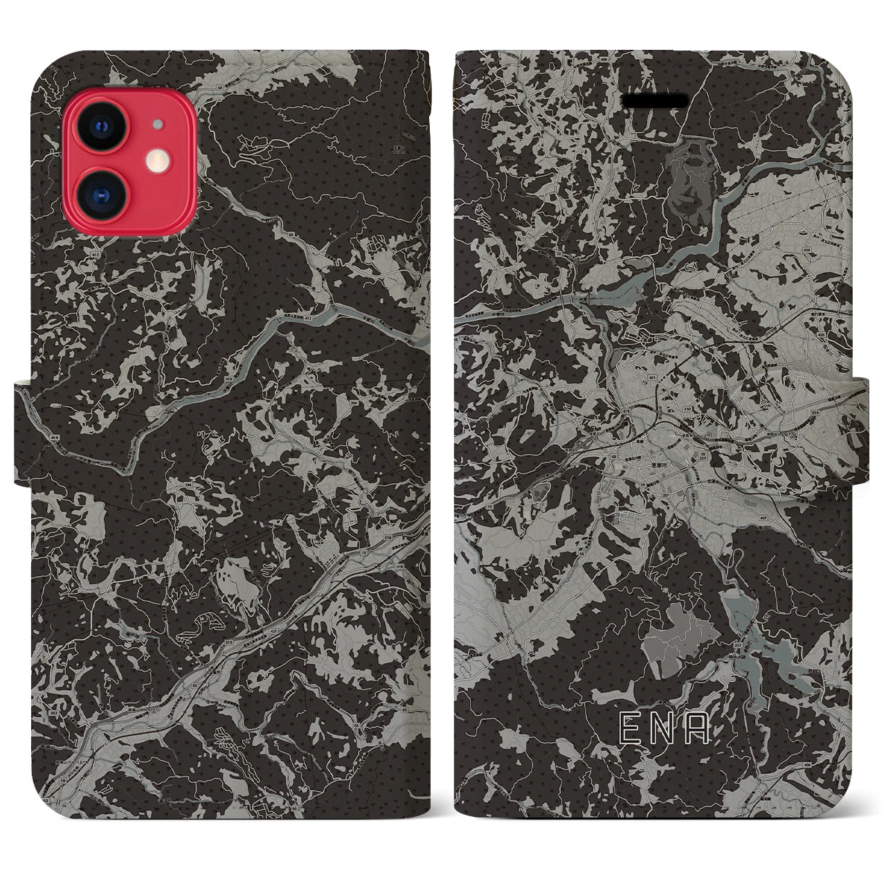 【恵那(岐阜県)】地図柄iPhoneケース(手帳タイプ)モノトーン・iPhone 11 用