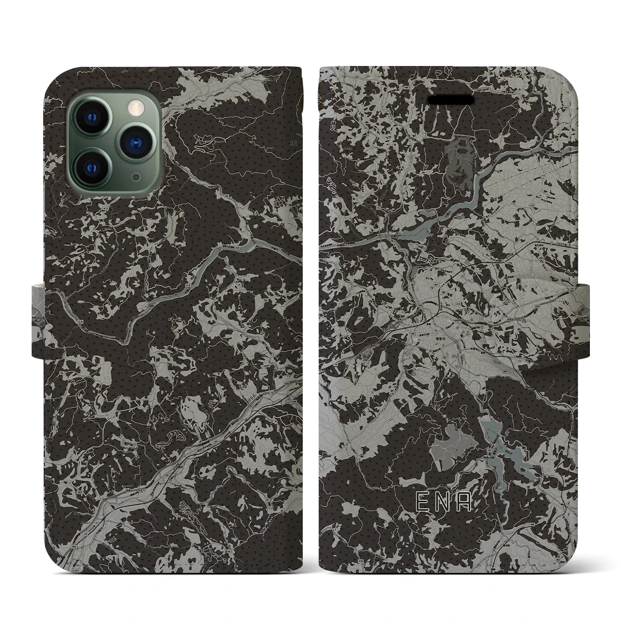 【恵那(岐阜県)】地図柄iPhoneケース(手帳タイプ)モノトーン・iPhone 11 Pro 用