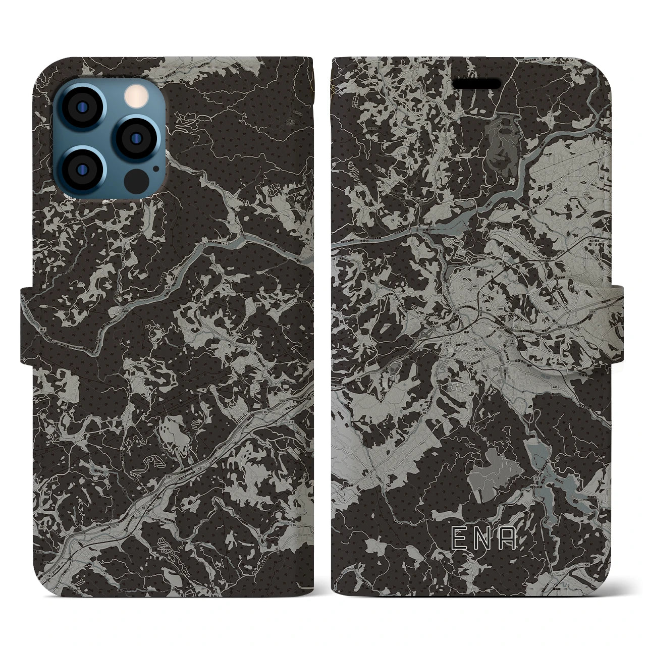 【恵那(岐阜県)】地図柄iPhoneケース(手帳タイプ)モノトーン・iPhone 12 / 12 Pro 用