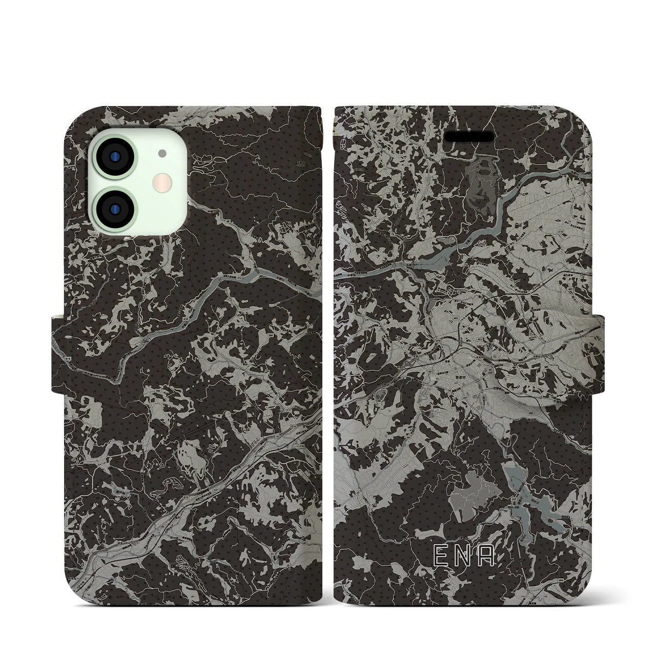 【恵那(岐阜県)】地図柄iPhoneケース(手帳タイプ)モノトーン・iPhone 12 mini 用